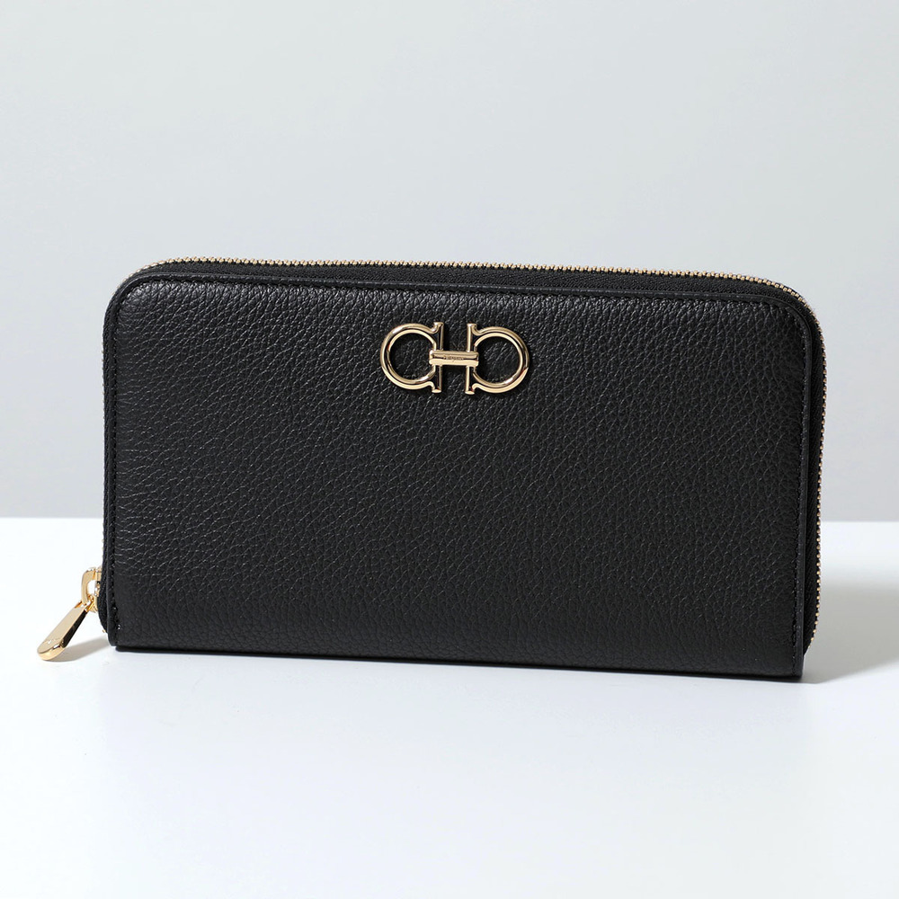 Salvatore Ferragamo Long Zip Wallet Leather Gancini Round Black
